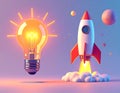 Glowing lightbulb and rocket launch with planets in starry sky idea innovation Royalty Free Stock Photo