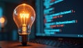 Glowing lightbulb sits on laptop. Coding reflected on monitor screen. Concept shows code idea generation. Represents tech, Royalty Free Stock Photo