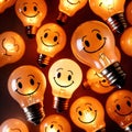 Glowing lightbulb with smiley face, showing happiness and positive energy