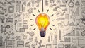 Creative glowing lightbulb with colorful doodles and ideas concept, innovation and inspiration theme Royalty Free Stock Photo
