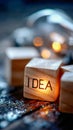 Glowing lightbulb beside wooden block labeled IDEA, symbolizing creativity, innovation, and inspiration Royalty Free Stock Photo