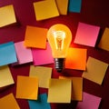 Glowing lightbulbs and multicolored postits, showing creativity and diversity of ideas in a business envrironment Royalty Free Stock Photo