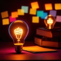 Glowing lightbulbs and multicolored postits, showing creativity and diversity of ideas in a business envrironment Royalty Free Stock Photo