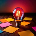 Glowing lightbulbs and multicolored postits, showing creativity and diversity of ideas in a business envrironment Royalty Free Stock Photo