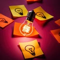 Glowing lightbulbs and multicolored postits, showing creativity and diversity of ideas in a business envrironment Royalty Free Stock Photo