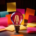 Glowing lightbulbs and multicolored postits, showing creativity and diversity of ideas in a business envrironment Royalty Free Stock Photo