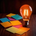 Glowing lightbulbs and multicolored postits, showing creativity and diversity of ideas in a business envrironment Royalty Free Stock Photo