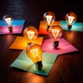 Glowing lightbulbs and multicolored postits, showing creativity and diversity of ideas in a business envrironment Royalty Free Stock Photo