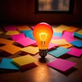 Glowing lightbulbs and multicolored postits, showing creativity and diversity of ideas in a business envrironment Royalty Free Stock Photo