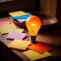 Glowing lightbulbs and multicolored postits, showing creativity and diversity of ideas in a business envrironment Royalty Free Stock Photo