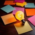 Glowing lightbulbs and multicolored postits, showing creativity and diversity of ideas in a business envrironment Royalty Free Stock Photo