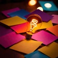 Glowing lightbulbs and multicolored postits, showing creativity and diversity of ideas in a business envrironment Royalty Free Stock Photo