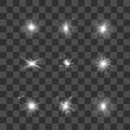 Glowing lights, stars and sparkles set. Stars collection on dark transparent background. Vector illustration Royalty Free Stock Photo