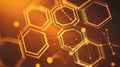 Glowing lines and particles illuminate an abstract orange hexagonal pattern forming a networked background Royalty Free Stock Photo