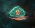 A glowing lock icon in hand illustrating the concept of secure cloud computing.