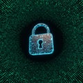 A glowing lock symbol with circuit patterns is centrally positioned against a backdrop Royalty Free Stock Photo