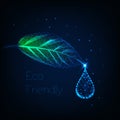 Glowing low polygonal herb leaf with water droplet and text eco friendly on dark blue background.