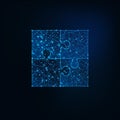 Glowing low polygonal jigsaw puzzle icon of four pieces on dark blue background. Royalty Free Stock Photo