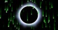 Glowing luminous ring surrounding circular void in digital space, cascading green binary digits Royalty Free Stock Photo