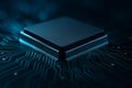 A glowing macro close-up of a futuristic microprocessor with neon blue circuits forming intricate electronic pathways in Royalty Free Stock Photo