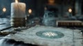 A glowing magic circle with intricate symbols rests on aged parchment. Soft candlelight flickers, casting shadows in a Royalty Free Stock Photo