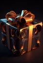 Glowing magic gift box with bow against blurred festive lights Royalty Free Stock Photo