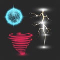 Glowing magic lightning set, energy ball, neon fantasy tornado, realistic vector illustration on dark background Royalty Free Stock Photo