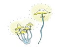 Glowing magic mushrooms toadstools. Humorous drawing of a watercolor. Isolated on a white background Royalty Free Stock Photo