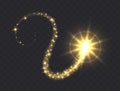 Glowing magic swirl, golden light trail effect with sparkles. Royalty Free Stock Photo