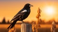 Glowing Magpie On Wooden Fence: Rural America Photography
