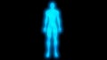 Glowing man with arms down. Internal smoke effect in body silhouette. 3d rendering illustration. Blue color