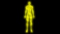 Glowing man arms down. Internal smoke effect in body silhouette. 3d rendering illustration. Yellow color