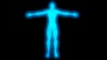 Glowing man with raised arms. Internal smoke effect in body silhouette. 3d rendering illustration. Blue color