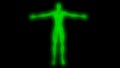 Glowing man with raised arms. Internal smoke effect in body silhouette. 3d rendering illustration. Green color