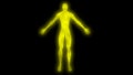 Glowing man raising arms. Internal smoke effect in body silhouette. 3d rendering illustration. Yellow color Royalty Free Stock Photo