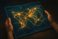 A glowing map held by human hands with connected network nodes forming a bright pattern symbolizing data links and communication Royalty Free Stock Photo