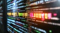 A glowing matrix of binary digits flowing vertically down the screen, with lines of code Royalty Free Stock Photo