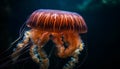 The glowing medusa swims in the dark, saltwater reef generated by AI