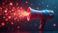 Glowing megaphone broadcasts red digital cubes into dark air. Abstract concept for modern communication broadcasting tech, data Royalty Free Stock Photo