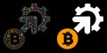 Glowing Mesh Wire Frame Bitcoin Integration Cog Icon with Flash Spots