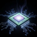 A glowing microchip with a central white light is surrounded Royalty Free Stock Photo