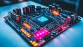 Glowing microchip circuit board with central processor and components Royalty Free Stock Photo