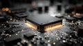 Glowing Microchip on Circuit Board: Digital Technology and Data Flow Royalty Free Stock Photo