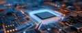 The glowing microchip on a complex circuit board showcasing technological innovation. AI generated image Royalty Free Stock Photo