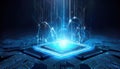 glowing microchip with dynamic light patterns representing advanced technology and self learning systems