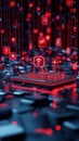 glowing microchip with floating red holographic icons representing cybersecurity