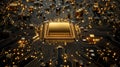 The glowing microchip, integrated into a detailed circuit board, is captured in close-up, emphasizing cutting-edge technology.