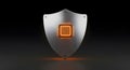 Glowing Microchip on Metallic Shield: Concept for Robust Cybersecurity and Data Protection. Royalty Free Stock Photo