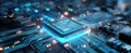 The glowing microchip on a sophisticated blue circuit board design..AI generated image Royalty Free Stock Photo