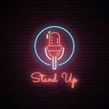 Glowing microphone illustration . Neon sign.